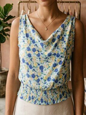 Ruffle Strap Backless Royal Mint Floral Rayon Crop Top Size M Medium